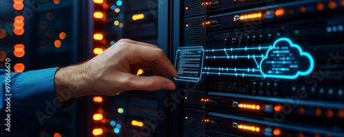Network engineer performing diagnostics on cloud servers, data streams flowing, advanced technology, uninterrupted service