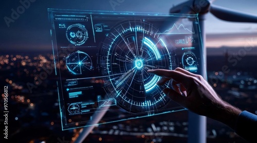 Remote diagnostics being performed on a wind turbine, high-tech interface, night sky background, ensuring continuous service