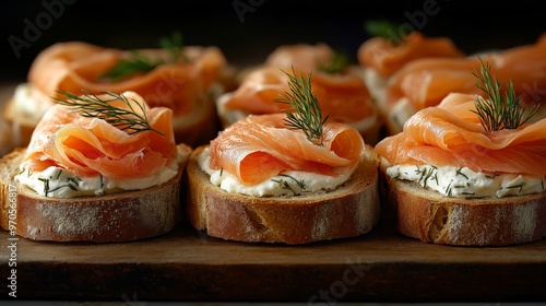 An appetizing baguette topped with cream cheese and smoked salmon.