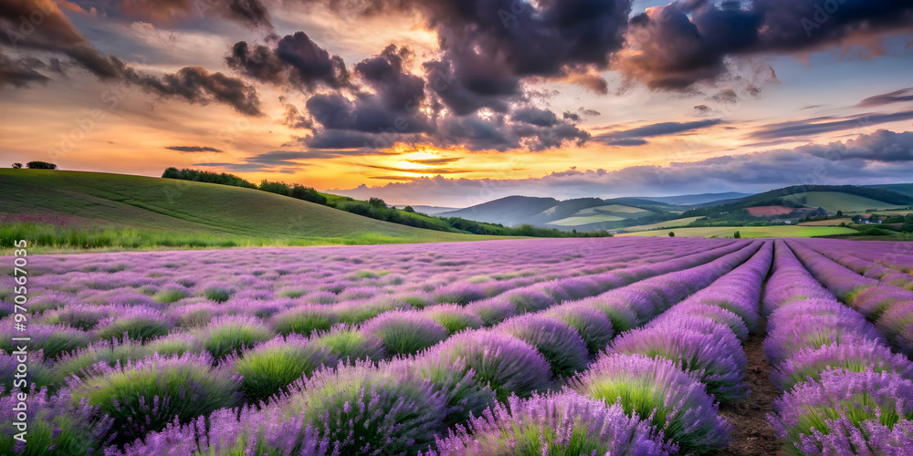 Lavender Fields at Sunset: A breathtaking panorama of rolling lavender fields bathed in the golden light of a dramatic sunset, with cloudscapes adding depth and texture. The scene evokes a sense of t Lavender Fields at Sunset: A breathtaking panorama of rolling lavender fields bathed in the golden light of a dramatic sunset, with cloudscapes adding depth and texture. The scene evokes a sense of t