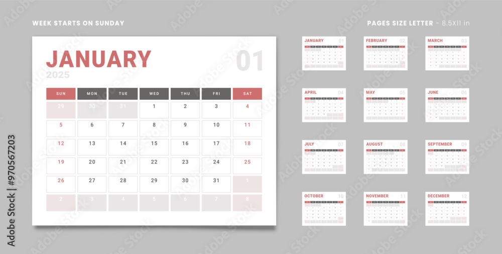 Set of 12 Pages Monthly Calendar Planner Templates on 2025 year. Vector mockup of a wall or desktop calendar with the week start on Sunday for print in grey and red color. Pages size Letter -8.5x11 in Set of 12 Pages Monthly Calendar Planner Templates on 2025 year. Vector mockup of a wall or desktop calendar with the week start on Sunday for print in grey and red color. Pages size Letter -8.5x11 in