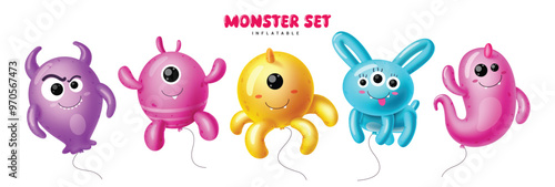 Monsters balloons characters vector set design. Halloween monsters balloon character collection floating in white isolated background. Vector illustration alien inflatable set. 
