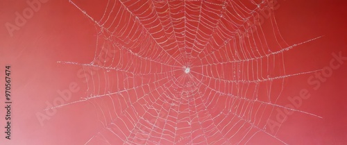 A close-up view of a delicate spider web, with its intricate structure and intricate patterns, set against a vibrant red background.