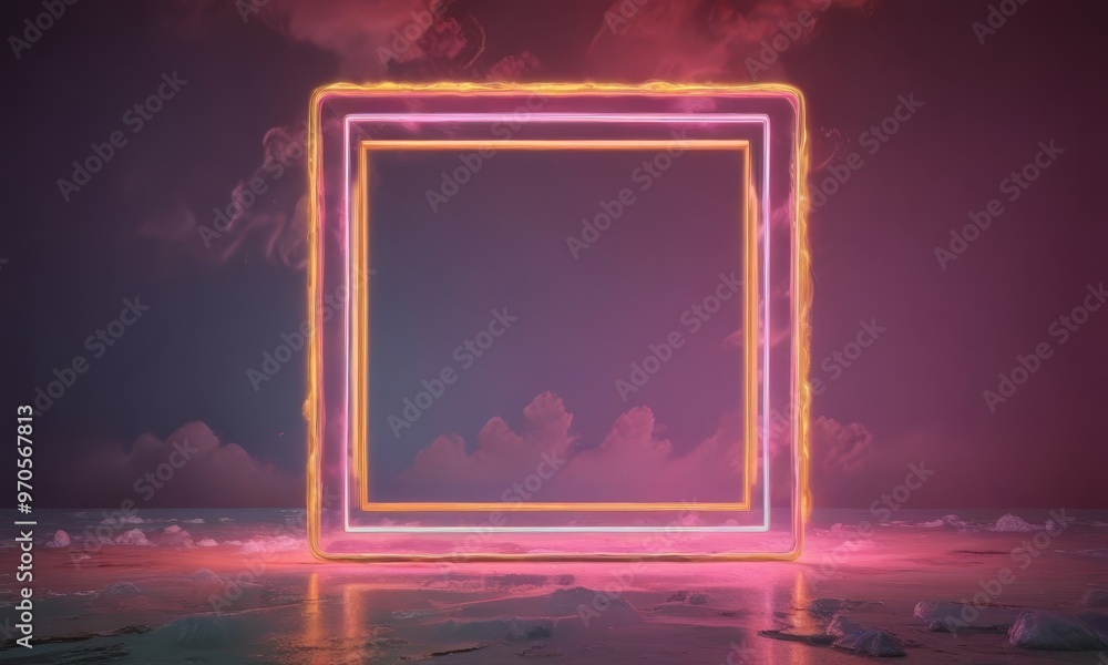 A neon square frame stands out against a dark sky, with a pink and purple gradient background and a reflection of the frame on the water's surface. A neon square frame stands out against a dark sky, with a pink and purple gradient background and a reflection of the frame on the water's surface.