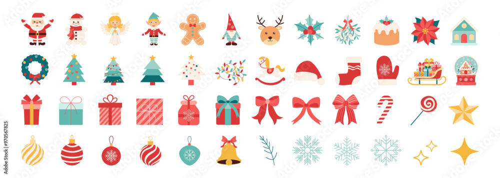 Fototapeta premium A collection of Christmas icons including Santa Claus, reindeer, and a Christmas tree. The icons are arranged in a grid, with some icons overlapping each other