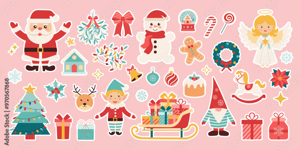 A collection of Christmas-themed stickers, including Santa, snowmen, and reindeer. The stickers are arranged in a row on a pink background A collection of Christmas-themed stickers, including Santa, snowmen, and reindeer. The stickers are arranged in a row on a pink background