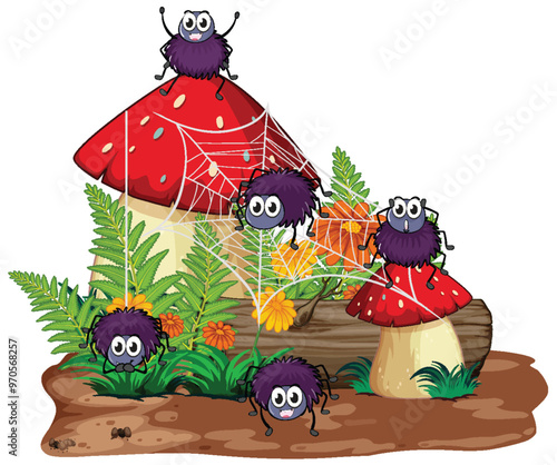 Cute Spiders on Mushrooms