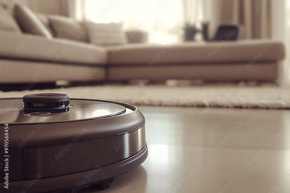 close up robot vacuum cleaner in a modern living room close up robot vacuum cleaner in a modern living room