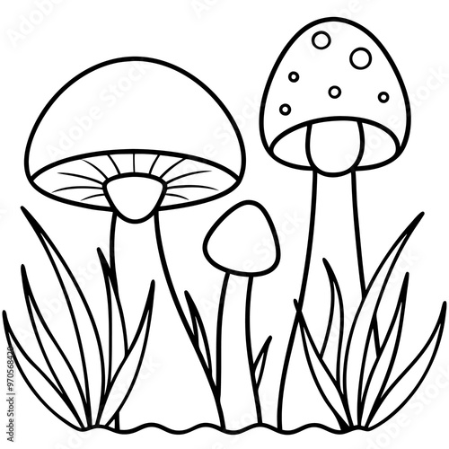 mushrooms and grass outline coloring book page line art drawing photo