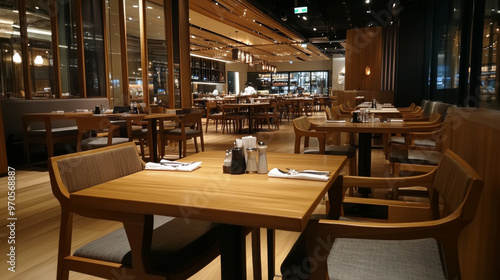 The restaurant has a stylish and modern look. It has nice furniture, like wooden chairs and tables, and everything is set for a fancy meal.