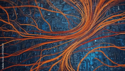 The image presents a close-up view of a circuit board, with a complex network of orange and blue wires arranged in a striking pattern. The wires are connected to