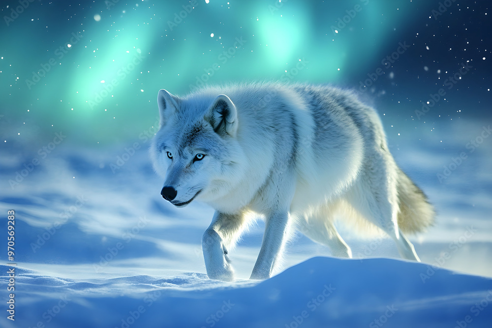 Obraz premium A majestic wolf walking through snowy landscape under northern lights