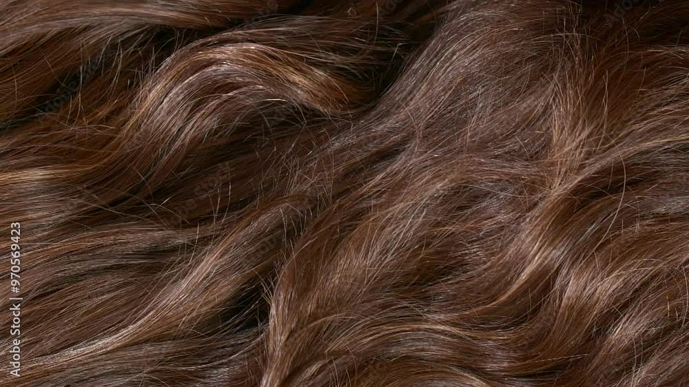 Close-up brown curly hair texture, female long hair background in slow motion Close-up brown curly hair texture, female long hair background in slow motion