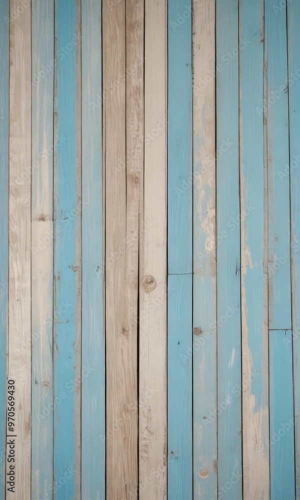 Naklejka premium A close-up view of a wooden wall with vertical planks painted in alternating blue and white colors, creating a textured and weathered appearance.