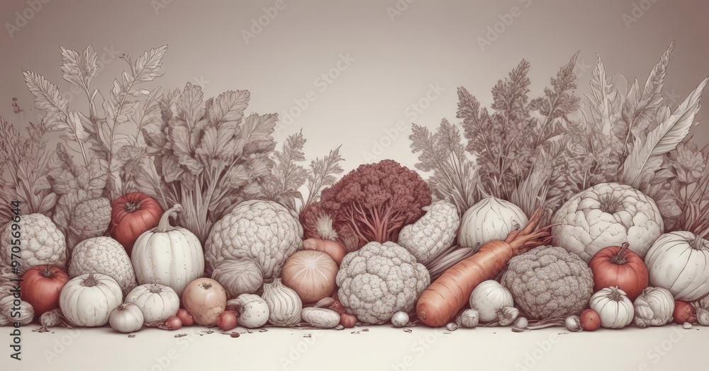 A monochromatic illustration of a variety of vegetables, including pumpkins, broccoli, cauliflower, and tomatoes, arranged in a row. A monochromatic illustration of a variety of vegetables, including pumpkins, broccoli, cauliflower, and tomatoes, arranged in a row.