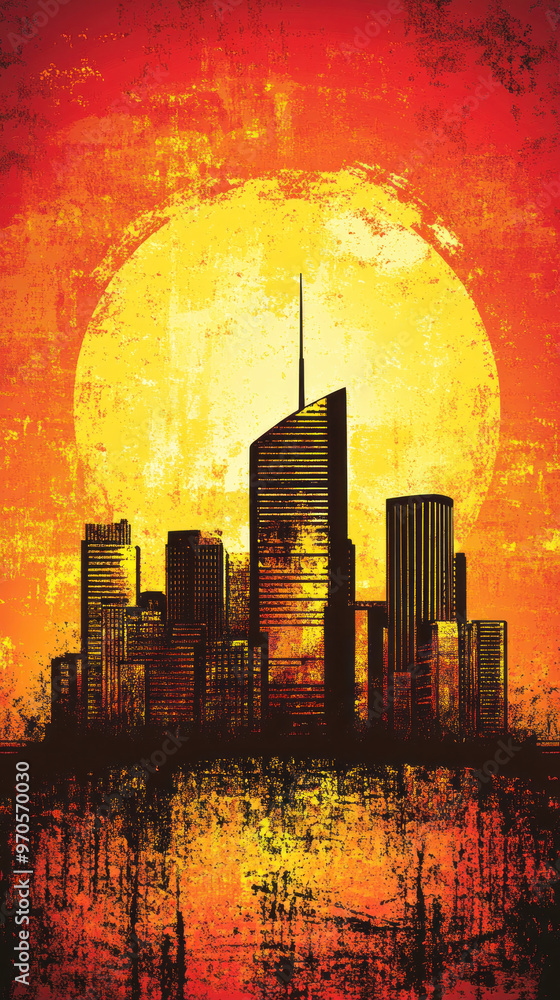 Fototapeta premium A city skyline is reflected in the water, with a large orange sun in the background. The city appears to be in the midst of a sunset, creating a warm and peaceful atmosphere
