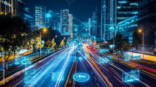 Smart cities use artificial intelligence to manage things like traffic lights, buildings, and other systems. They use the internet and special screens with icons to show how these systems work.