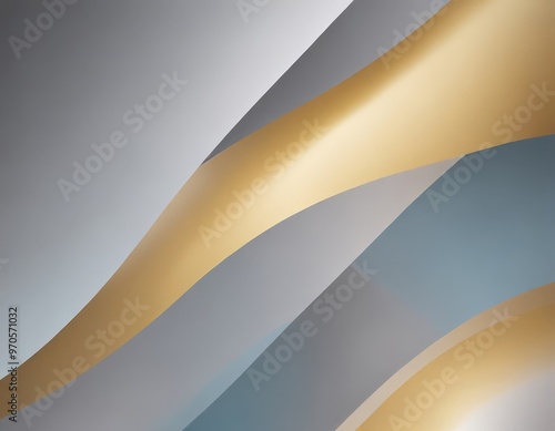 a geometric abstract composition with overlapping curved lines in various shades of gray, gold, and blue, creating a sense of depth and movement.