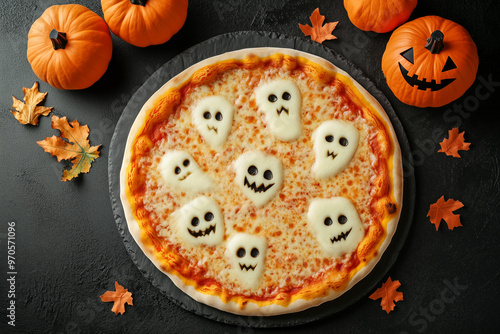 Pizza with ghost-shaped cheese toppings, black olives, and spider decorations on black background with pumpkin Halloween photo