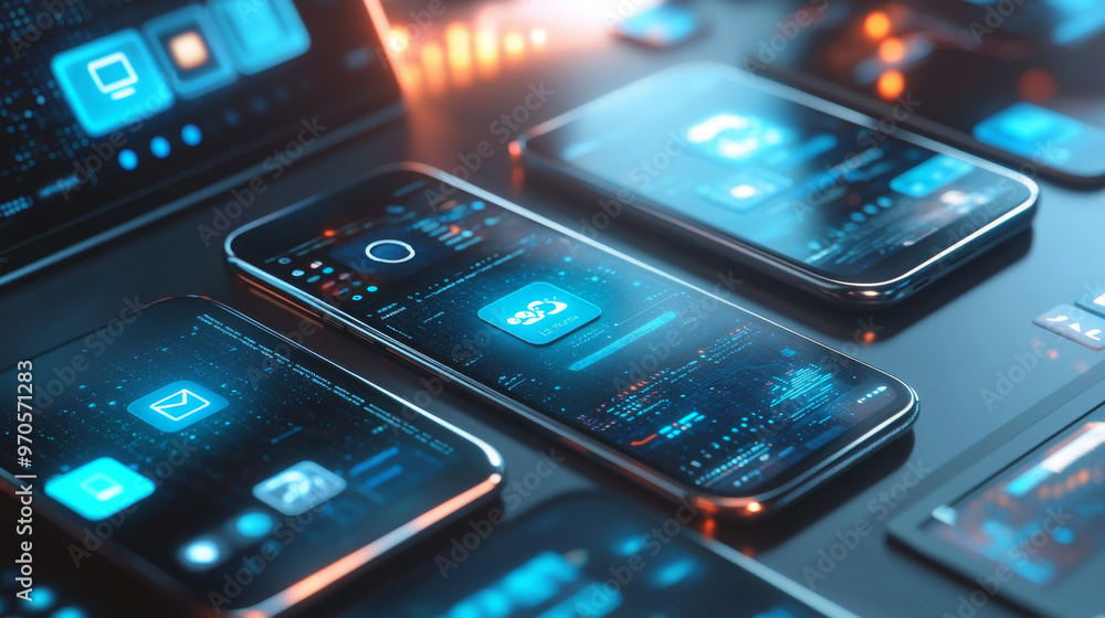 Smartphones, tablets, and laptops are shown in the picture. It shows how apps are made for mobile devices and how software is designed to work on both computers and phones. Smartphones, tablets, and laptops are shown in the picture. It shows how apps are made for mobile devices and how software is designed to work on both computers and phones.