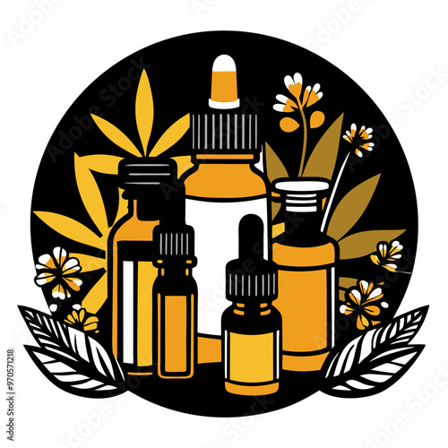 Stylized essential oil bottles illustration in earthy tones for aromatherapy t-shirt print