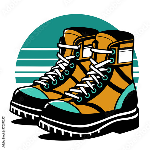 Stylized hiking boots in yellow and green colors for nature enthusiast t-shirt print photo