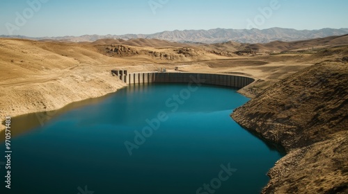 desert landscape with a man-made reservoir.