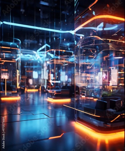 Wallpaper Mural a futuristic, high-tech room with a sleek, angular design. The room features a mix of glass and metal structures, illuminated by a blend of blue and orange lights. The Torontodigital.ca