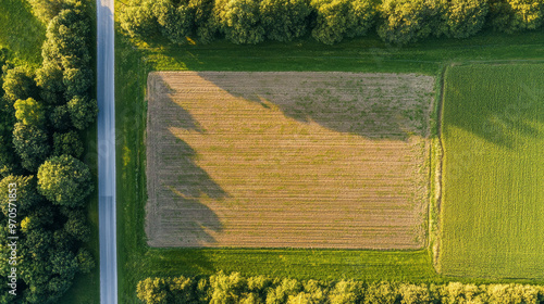 This is an aerial picture of a piece of land. We need to find the symbol that shows the empty part of this land. This land could be used to build homes, businesses, or for other purposes.