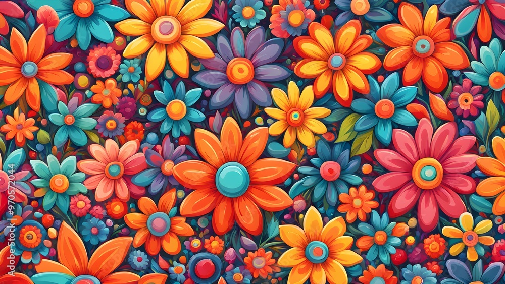 Vibrant seamless pattern of colorful cartoon flowers on a dark background. Vibrant seamless pattern of colorful cartoon flowers on a dark background.