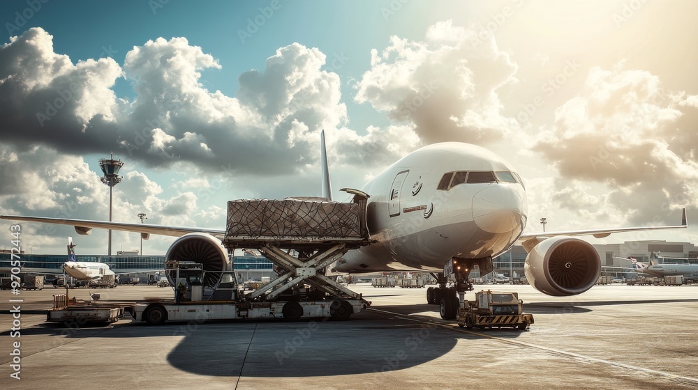 Obraz premium A large cargo plane is currently being loaded at the airport. Air cargo logistic containers