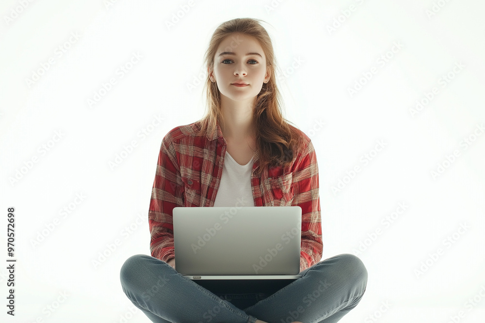 Happy relax time , young woman using laptop sitting on white background Happy relax time , young woman using laptop sitting on white background