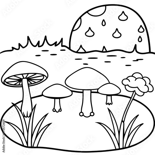 mushrooms and pond outline coloring book page line art drawing photo