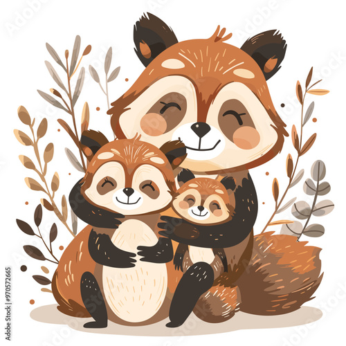 A mother raccoon is hugging her baby raccoon