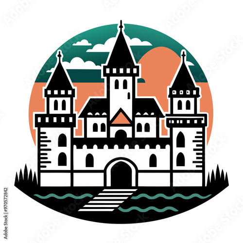 Stylized fairytale castle in circular frame t-shirt print