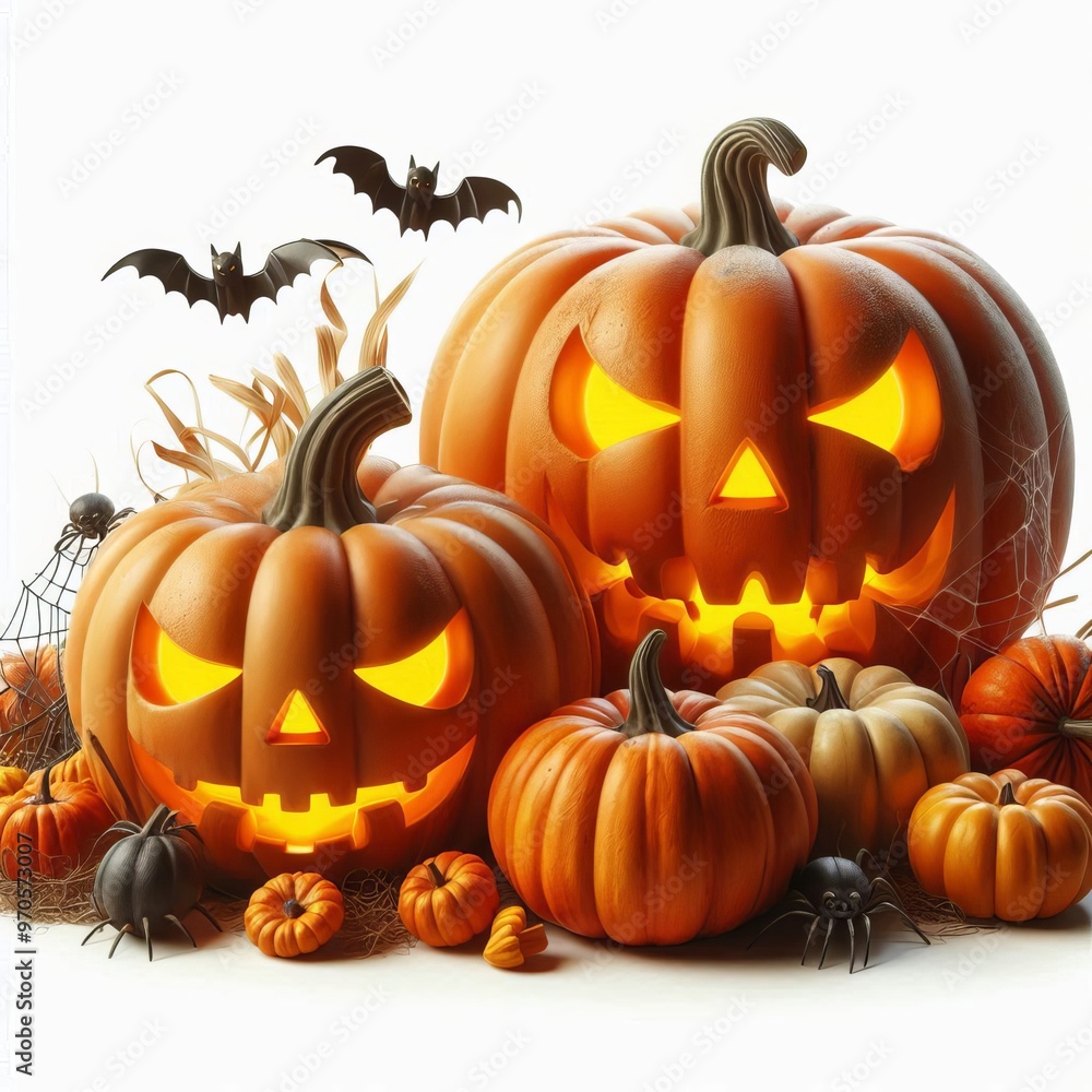 Spooky Halloween pumpkin with bats and a scary face Spooky Halloween pumpkin with bats and a scary face