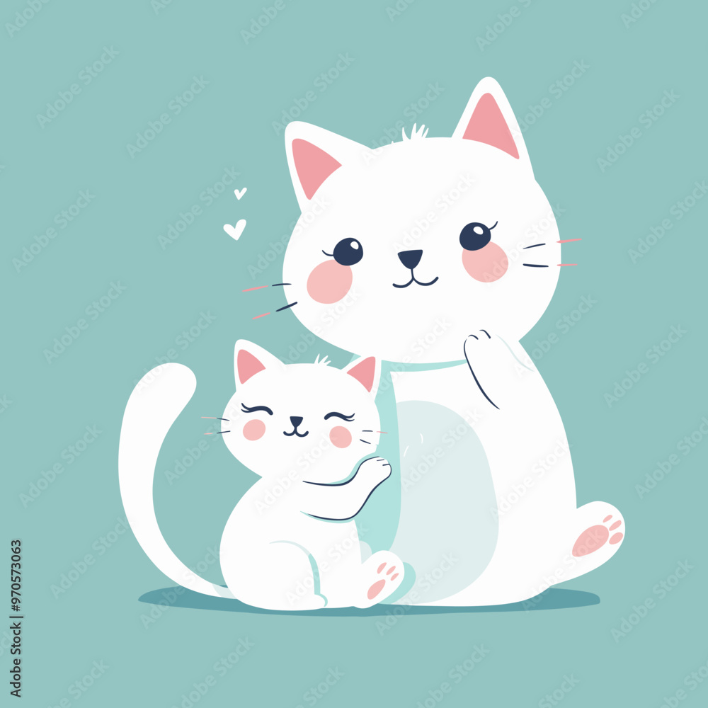 Fototapeta premium A cartoon cat and kitten are sitting together on a green background. The kitten is looking up at the mother cat, who is smiling. Concept of warmth and affection between the two cats
