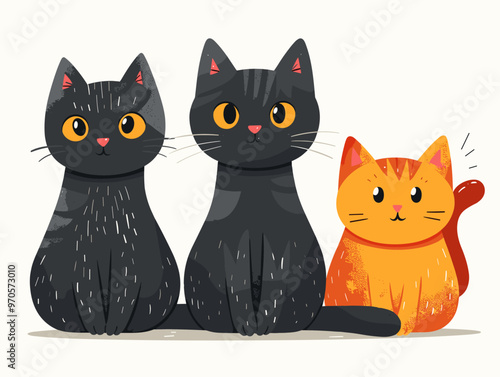Three cats are sitting in a row, with the middle cat being the tallest. The cats are all different colors, with one being black, one being orange, and one being gray. The scene is cute and playful