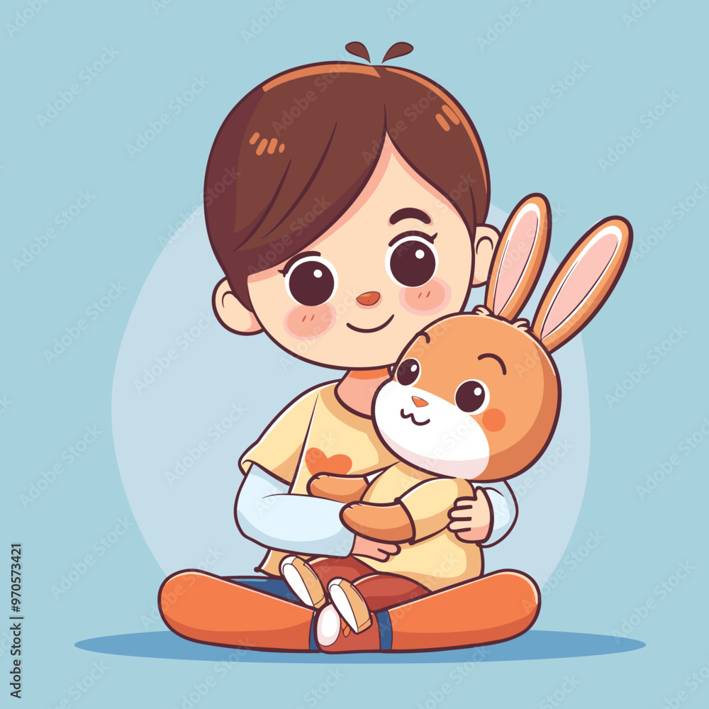 A boy is holding a stuffed rabbit. The boy is sitting on the floor A boy is holding a stuffed rabbit. The boy is sitting on the floor