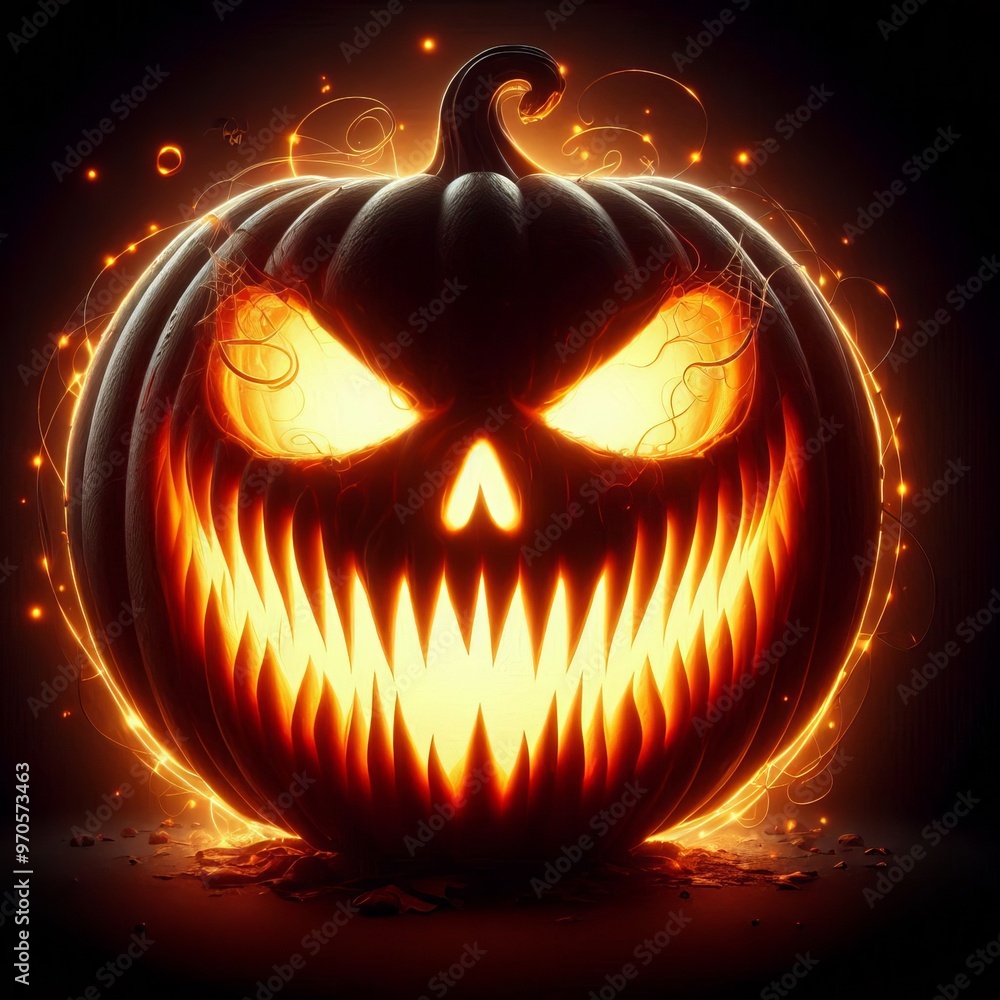 Naklejka premium evil glowing Jack o' lantern isolated on black background, perfect for Halloween celebration