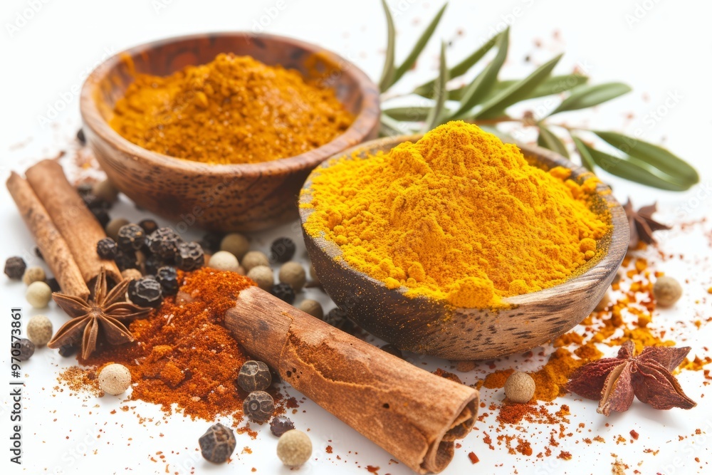 A fresh Curry powder and Curry powder Power isolated on white A fresh Curry powder and Curry powder Power isolated on white