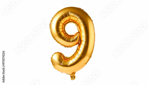 A large golden helium balloon in the shape of the number 9, white background