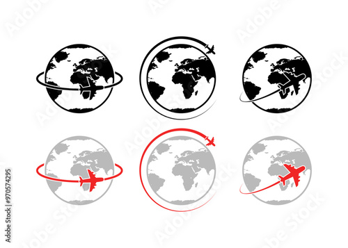 Aircraft Route set icons. Silhouette style. Vector icons.