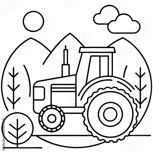 nature and tractor outline coloring book page line art drawing
