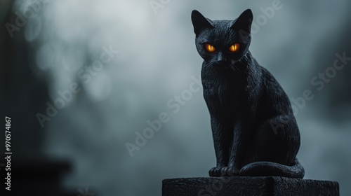 Fototapeta Naklejka Na Ścianę i Meble -  Close-up of a sinister-looking black cat figurine with glowing eyes, set against a dark, moody background with hints of fog and eerie light, Copy space, happy Halloween special background, spooky 