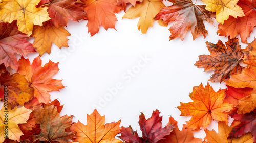 autumn leaves frame, Colorful autumn leaves forming a frame around a white background, including vibrant orange, red, and yellow maple leaves