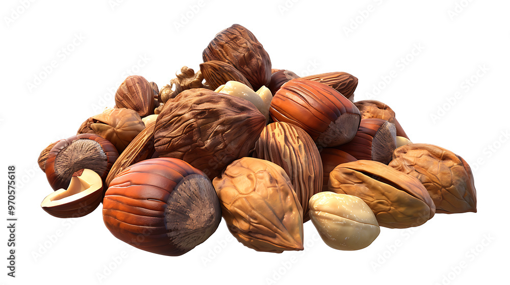 A cluster of mixed nuts with a transparent background. A cluster of mixed nuts with a transparent background.