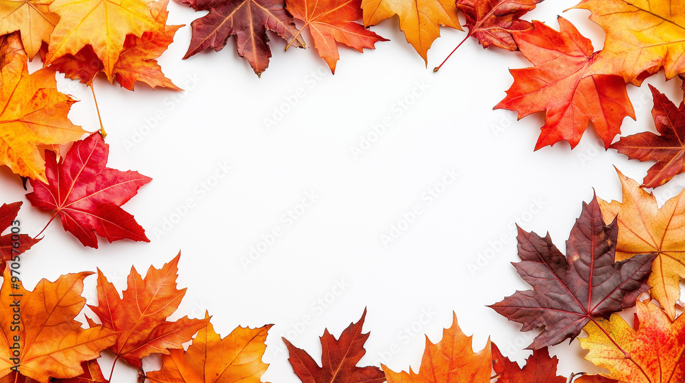 Fototapeta premium Colorful autumn leaves forming a frame around a white background, including vibrant orange, red, and yellow maple leaves