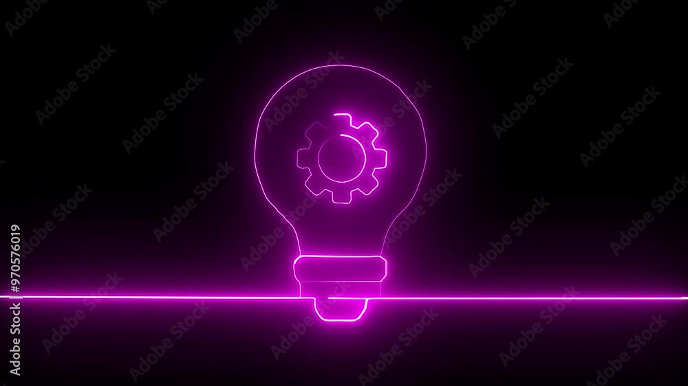 Neon line purple color Gear with shining light bulb icon. The innovation and idea concept background. Neon line purple color Gear with shining light bulb icon. The innovation and idea concept background.