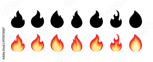Fire emoji set icons. Flat and silhouette style. Vector icons.